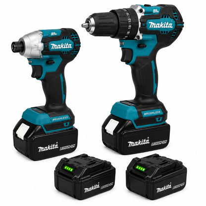 KIT MAKITA: TALADRO INALÁMBRICO con PISTOLA DE IMPACTO + 26 ACCESORIOS + 2 BATERIAS