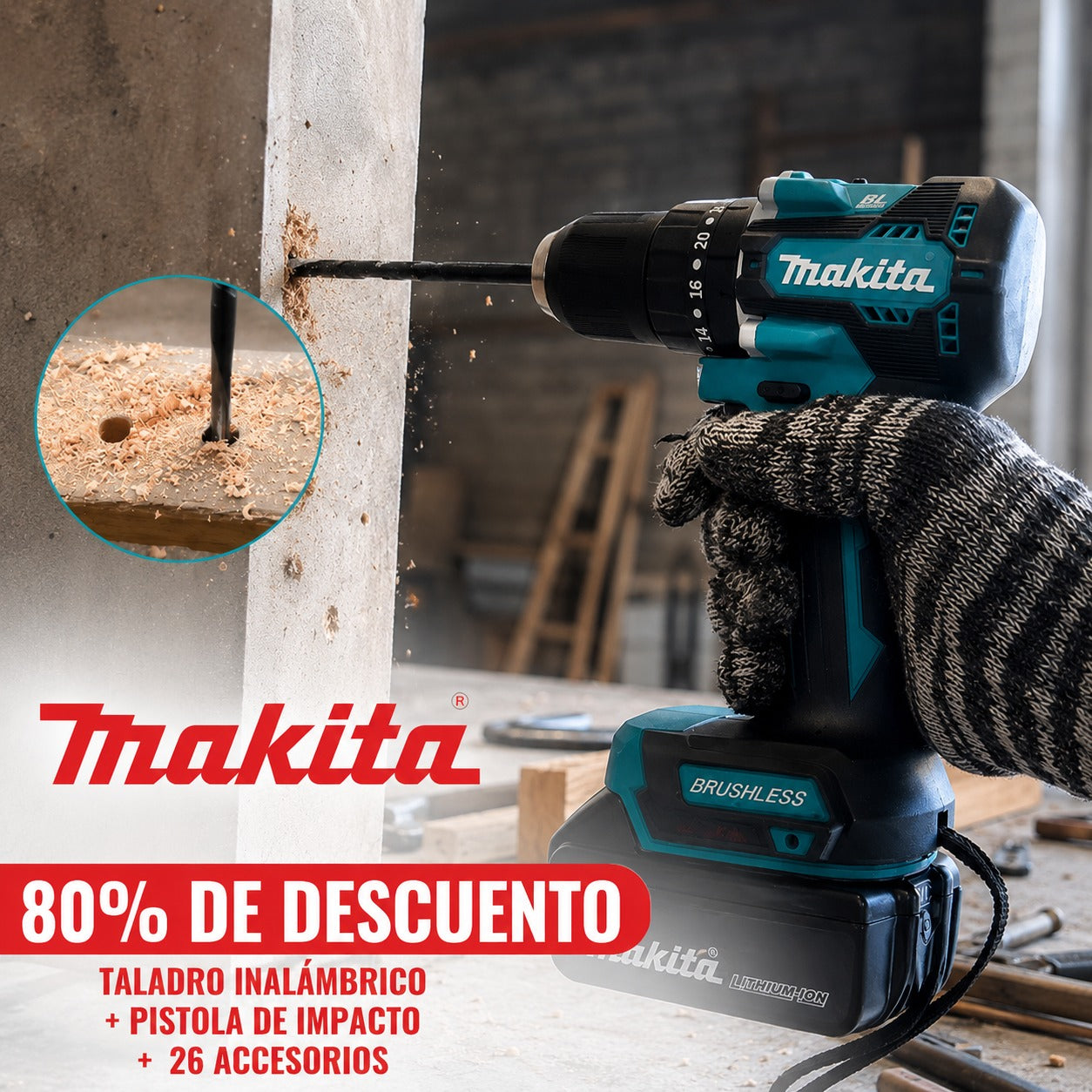 KIT MAKITA: TALADRO INALÁMBRICO con PISTOLA DE IMPACTO + 26 ACCESORIOS + 2 BATERIAS