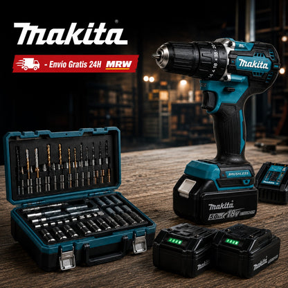 KIT MAKITA: TALADRO INALÁMBRICO con PISTOLA DE IMPACTO + 26 ACCESORIOS + 2 BATERIAS